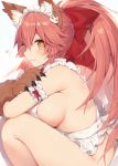  1girl animal_ear_fluff animal_ears apron blush breasts cat_hair_ornament cat_paws closed_mouth commentary_request eyebrows_visible_through_hair fate/grand_order fate_(series) fox_ears fox_girl frilled_apron frills from_side gloves hair_ornament large_breasts long_hair looking_at_viewer maid_headdress muryotaro naked_apron paw_gloves paws pink_hair sideboob solo tamamo_(fate)_(all) tamamo_cat_(fate) white_apron 