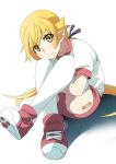  1girl bandaid_on_leg blonde_hair blush buruma gesugesu_ahoaho long_hair monogatari_(series) oshino_shinobu panties panties_under_buruma pantyshot pantyshot_(sitting) pointy_ears ponytail shoes sitting sneakers thighhighs underwear white_legwear white_panties yellow_eyes 