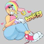  anthro bonkers_(vimhomeless) clothing ear_piercing ear_ring female grey_background hair hair_over_eye jeans lagomorph leporid mammal multicolored_hair pants piercing rabbit rainbow_hair shirt simple_background sitting sneakers solo tank_top topwear vimhomeless 