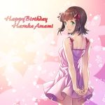  1girl amami_haruka bare_arms bare_shoulders blush breasts brown_hair character_name commentary_request dress floral_print from_behind green_eyes hair_ornament hair_ribbon happy_birthday idolmaster idolmaster_million_live! looking_at_viewer medium_breasts nanaran pink_dress pink_ribbon ribbon short_hair solo 