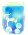  1girl bangs bare_arms bare_shoulders blue_eyes blue_hair blush bow bubble_blowing cameltoe cup drink drinking_glass eyebrows_visible_through_hair freediving green_shorts heart highres holding ice ice_cube no_shoes original short_eyebrows short_shorts shorts sidelocks solo submerged thick_eyebrows thighhighs tsukiyo_(skymint) twintails white_background white_bow white_camisole white_legwear 