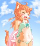  anthro bd_collie bikini blush breasts canid canine canis clothing cloud cute_fangs domestic_dog eyes_closed female fur hair kemono long_hair mammal navel open_mouth orange_fur orange_hair red_eyes small_breasts smile solo standing swimwear young 