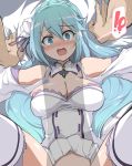  !? 1boy 1girl @_@ aqua_(konosuba) bare_shoulders blue_eyes blue_hair blush braid breasts commentary_request cosplay detached_sleeves dress emilia_(re:zero) emilia_(re:zero)_(cosplay) flower hair_between_eyes hair_flower hair_ornament highres kono_subarashii_sekai_ni_shukufuku_wo! large_breasts long_hair looking_at_viewer lying momio on_back open_mouth penis_shadow pov re:zero_kara_hajimeru_isekai_seikatsu sweat thighhighs white_dress white_legwear 