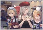  3girls ? ahoge apron bangs black_shirt blonde_hair blue_eyes blush braid breasts broom casual character_doll cleavage collarbone cropped_vest dinergate_(girls_frontline) doll dress expressionless figure g11_(girls_frontline) g36_(girls_frontline) g36c_(girls_frontline) girls_frontline grin hair_between_eyes hair_ornament hair_over_one_eye heterochromia highres hk416_(girls_frontline) holding holding_broom holding_doll jewelry large_breasts long_hair looking_at_viewer m1903_springfield_(girls_frontline) maid maid_apron maid_headdress medium_breasts mg36_(girls_frontline) mod3_(girls_frontline) multiple_girls red_eyes ring shirt side_braid sidelocks silver_hair smile spoken_question_mark ump45_(girls_frontline) ump9_(girls_frontline) very_long_hair wa2000_(girls_frontline) wedding_ring xyufsky yellow_eyes 
