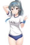  1girl blue_buruma blue_headband brown_eyes buruma character_name collarbone cowboy_shot eyebrows_visible_through_hair grey_hair gym_uniform hair_between_eyes headband high_ponytail idolmaster idolmaster_cinderella_girls long_hair looking_at_viewer ooishi_izumi open_mouth pataniito shiny shiny_hair shiny_skin shirt short_sleeves simple_background solo standing thigh_gap white_background white_shirt wristband 