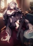  1girl bangs black_gloves black_legwear blurry blurry_background breasts cleavage couch crossed_legs dress elbow_gloves elbow_rest eyebrows_visible_through_hair fate/apocrypha fate/grand_order fate_(series) flower gloves hair_between_eyes hair_flower hair_ornament hand_in_hair head_tilt highres indoors jeanne_d&#039;arc_(alter)_(fate) jeanne_d&#039;arc_(fate)_(all) kyouya_(mukuro238) large_breasts long_hair looking_at_viewer neck_ribbon open_mouth plant potted_plant purple_dress reclining red_lips red_ribbon ribbon sidelocks signature silver_hair solo strapless strapless_dress thighhighs tsurime very_long_hair yellow_eyes 