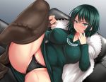  1girl akino_hamo bangs black_dress black_hair black_panties blush bow bow_panties breasts brown_legwear cameltoe couch covered_nipples dress feet fubuki_(one-punch_man) green_eyes green_hair hair_between_eyes hand_up jewelry large_breasts leg_up long_sleeves looking_at_viewer necklace one-punch_man panties pantyhose pantyhose_around_one_leg pantyhose_tug pearl_necklace reclining short_hair sidelocks solo underwear 