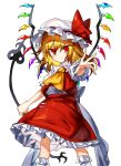  1girl ascot blonde_hair closed_mouth flandre_scarlet frilled_skirt frilled_sleeves frills gem hair_between_eyes hat hat_ribbon highres holding laevatein long_hair looking_at_viewer manarou mob_cap outstretched_arm puffy_short_sleeves puffy_sleeves red_eyes red_ribbon red_shirt red_skirt ribbon shirt short_sleeves side_ponytail simple_background skirt skirt_set smile socks solo standing touhou tsurime v-shaped_eyebrows white_background white_headwear white_legwear white_ribbon wind wings yellow_neckwear 