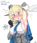  1girl 1other arm_up armpits black_gloves blonde_hair blue_eyes blue_neckwear braid breasts capelet colorado_(kantai_collection) commentary_request crown_braid garrison_cap gloves hat headgear highres kantai_collection korean_commentary large_breasts necktie short_hair sideboob simple_background steam upper_body white_background yanuk 