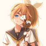  1boy 1girl arm_at_side back-to-back backlighting black_sailor_collar blonde_hair blue_eyes cell_(diox) commentary cotton_boll covering covering_one_eye detached_sleeves english_commentary eyebrows_visible_through_hair head_tilt headset holding kagamine_len kagamine_rin looking_at_viewer mixed-language_commentary necktie plant sailor_collar shirt short_sleeves simple_background smile thick_eyebrows upper_body vocaloid white_background white_shirt yellow_neckwear 