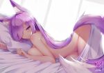  animal_ears bed blue_eyes breasts foxgirl gainoob kurona_reole long_hair nude original purple_hair tail watermark 