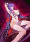  1girl arm_up armpits bb_(fate)_(all) bb_(fate/extra_ccc) bb_(swimsuit_mooncancer)_(fate) coat fate/grand_order fate_(series) gloves groin hair_ribbon highres leotard long_hair parted_lips purple_eyes purple_hair red_background red_cucumber ribbon sitting solo thighhighs very_long_hair white_gloves 