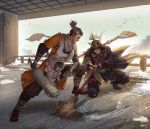  2boys apron armor bird black_hair black_legwear broom cdash817 facial_hair feather_duster helmet highres japanese_armor japanese_clothes kabuto male_focus mechanical_arm mop multiple_boys outdoors prosthesis prosthetic_arm red_legwear sekiro sekiro:_shadows_die_twice standing stubble weapon 