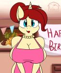  animated anthro apron apron_only bedroom_eyes big_breasts blue_eyes breasts cleavage clothed clothing equid female hair half-closed_eyes inside jewelry looking_at_viewer mammal mature_female mostly_nude my_little_pony necklace one_breast_out open_mouth open_smile red_hair seductive smile solo thecoldsbarn 