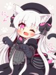  1girl ;d absurdres animal_ear_fluff animal_ears bangs beret black_bow black_dress black_gloves black_headwear blush bow cat_ears cat_girl cat_tail commentary_request doll_joints dress elbow_gloves eyebrows_visible_through_hair fang fate/extra fate_(series) frills gloves gothic_lolita grey_background hair_between_eyes hair_bow hat highres kemonomimi_mode lolita_fashion long_hair nursery_rhyme_(fate/extra) one_eye_closed open_mouth paw_background pink_eyes puffy_short_sleeves puffy_sleeves short_sleeves smile solo striped striped_bow tail tail_raised very_long_hair white_hair yuya090602 