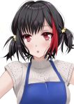  1girl :o alternate_hairstyle apron bang_dream! black_hair blue_apron breasts commentary eyebrows_visible_through_hair hair_ornament lily_(yuuri1011) mitake_ran multicolored_hair open_mouth red_eyes red_hair ribbed_sweater short_hair short_sleeves solo star star_hair_ornament sweater turtleneck turtleneck_sweater twintails upper_body white_background white_sweater 