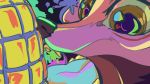  16:9 2019 abstract_background deke_(ittybittykittytittys) eating fangs food hi_res ittybittykittytittys mammal mango open_mouth psychedelic solo tongue 