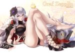  1girl azur_lane bangs black_swimsuit blush breasts cleavage eyebrows_visible_through_hair flower fur_trim graf_zeppelin_(azur_lane) graf_zeppelin_(beachside_urd)_(azur_lane) hair_between_eyes hair_flower hair_ornament highres large_breasts long_hair looking_at_viewer navel_cutout one-piece_swimsuit reclining red_eyes ryou_(pix_gallerio) see-through silver_hair solo swimsuit thighs very_long_hair 