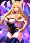  ahri animal_ears blonde_hair breasts bustier choker cleavage earrings fox_ears fox_tail heart heart_earrings highres jewelry k/da_(league_of_legends) k/da_ahri large_breasts league_of_legends multiple_tails rothy_(user_cezn8425) tagme tail thighhighs 