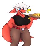  belt big_breasts blue_eyes breasts clothing food hair hi_res huge_breasts jeans kobold lightningfire12 pants pizza red_knight_(sirphilliam) red_skin scalie shirt thick_thighs topwear white_hair wide_hips 