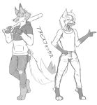  anthro baseball_bat bat_(object) bone canid canid_demon canine cigarette clothed clothing demon digital_media_(artwork) dipstick_ears dipstick_tail duo fox fur gloves grin hair hellhound hi_res looking_at_viewer male mammal markings mr.kitsune(naitokitsune) multicolored_ears multicolored_tail naitokitsune open_mouth pants skeleton smile smoke smoking sweater teeth topwear white_fur 