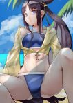  1girl 55level bangs beach bikini black_hair blue_bikini blunt_bangs breasts closed_mouth cloud cloudy_sky collarbone day fate/grand_order fate_(series) hair_bun highres jacket long_hair long_sleeves looking_at_viewer looking_to_the_side medium_breasts navel ocean outdoors palm_tree parted_bangs pouty_lips purple_eyes side_ponytail sidelocks sitting sky solo spread_legs swimsuit thighs tree ushiwakamaru_(fate/grand_order) ushiwakamaru_(swimsuit_assassin)_(fate) very_long_hair wide_sleeves yellow_jacket 
