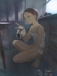  1girl alcohol bangs can counter full_body hair_ornament hairclip highres holding holding_can indoors kitchen oishii_ishiwata on_floor original panties parted_bangs shirt short_hair sleeveless solo squatting strong_zero underwear white_shirt window 