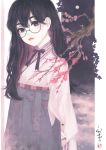  1girl absurdres bow bowtie branch buttons cherry_blossoms glasses hakama highres japanese_clothes kimono lips long_hair long_sleeves looking_at_viewer moon night original pink_kimono purple_bow purple_eyes purple_hair reiwa reiwa_colors round_eyewear signature solo stamp standing ushiyama_ame wide_sleeves 