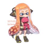  1girl 1other 2019 artist_name blue_eyes cloak closed_eyes dated full_body headphones holding inkling matchaneko octoling orange_hair short_shorts shorts simple_background splatoon_(series) splatoon_2 splatoon_2:_octo_expansion standing tentacle_hair tentacles white_background 