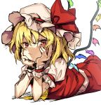  1girl ascot blonde_hair closed_mouth crystal eyes_visible_through_hair flandre_scarlet frilled_sleeves frills hair_between_eyes hands_on_own_cheeks hands_on_own_face hat hat_ribbon light_blush looking_at_viewer lying manarou medium_hair mob_cap on_stomach puffy_short_sleeves puffy_sleeves red_eyes red_skirt red_vest ribbon short_sleeves simple_background sketch skirt skirt_set solo touhou tsurime vest white_background wings wrist_cuffs yellow_neckwear 