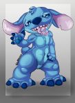  2019 4_fingers 4_toes alien blue_claws blue_eyes blue_fur blue_nose blue_pawpads chest_tuft claws digital_drawing_(artwork) digital_media_(artwork) disney experiment_(species) featureless_crotch fur grey_background gs-fox head_tuft hi_res lilo_and_stitch navel notched_ear open_mouth open_smile pawpads saliva simple_background small_tail smile solo standing stitch thick_thighs toe_claws toes tongue tongue_out tuft 