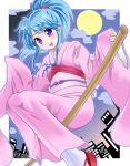  1girl :d blue_hair blush botan_(yuu_yuu_hakusho) breasts commentary_request flying japanese_clothes kimono long_hair looking_at_viewer ninjatasuku object_riding open_mouth ponytail purple_eyes smile solo yuu_yuu_hakusho 