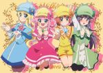  4girls arm_up blonde_hair blue_eyes blue_headwear blush bow brown_legwear closed_mouth cordelia_glauca green_eyes grin hat hat_bow hercule_barton long_hair long_sleeves multiple_girls open_mouth orange_bow pantyhose parted_lips pink_bow pink_hair sherlock_shellingford short_hair smile tantei_opera_milky_holmes teeth u-ka_(pixiv5407) v very_long_hair yuzurizaki_nero 