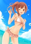  1girl ;d ass_visible_through_thighs bare_arms bare_shoulders beach bikini blue_sky breasts brown_eyes brown_hair cleavage cloud collarbone cowboy_shot day dutch_angle frilled_bikini frilled_bikini_bottom frills front-tie_bikini front-tie_top groin hands_up horizon idolmaster idolmaster_cinderella_girls igarashi_kyouko medium_breasts mugi_(banban53) navel ocean one_eye_closed open_mouth outdoors revision side_ponytail sky smile solo splashing standing stomach swimsuit wet white_bikini 
