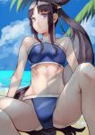  1girl 55level arm_support bangs bare_arms bare_legs beach bikini black_hair blue_bikini blunt_bangs breasts closed_mouth cloud cloudy_sky collarbone day fate/grand_order fate_(series) hair_bun highres long_hair looking_at_viewer looking_to_the_side medium_breasts navel ocean outdoors palm_tree parted_bangs pouty_lips purple_eyes side_ponytail sidelocks sitting sky solo spread_legs swimsuit thighs tree ushiwakamaru_(fate/grand_order) ushiwakamaru_(swimsuit_assassin)_(fate) very_long_hair 