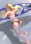  1girl ass ayakumo bare_shoulders barefoot bikini blonde_hair blush braid breasts day eyebrows_visible_through_hair fate/grand_order fate_(series) green_eyes hair_ornament highres long_hair looking_at_viewer mordred_(fate) mordred_(fate)_(all) mordred_(swimsuit_rider)_(fate) open_mouth partially_submerged ponytail red_bikini scrunchie shoulder_blades side-tie_bikini solo surfboard swimsuit toned wristband 