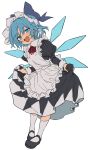  1girl :d adapted_costume alternate_costume apron black_dress black_footwear blue_bow blue_eyes blue_hair bow bowing cirno dress dress_lift dutch_angle enmaided eyebrows_visible_through_hair eyes_visible_through_hair flat_color frilled_apron frills full_body hair_bow highres ice ice_wings juliet_sleeves kneehighs light_blush long_sleeves looking_at_viewer maid maid_apron maid_headdress manarou mary_janes neck_ribbon open_mouth puffy_sleeves red_neckwear red_ribbon ribbon shoes simple_background smile smug solo standing touhou white_apron white_background white_legwear wing_collar wings 