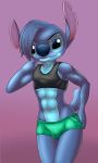  2019 5_fingers abs alien anthro anthrofied black_clothing black_topwear blue_body blue_eyes blue_hair blue_nose briefs bulge clothing crop_top dgemporium disney experiment_(species) green_clothing green_underwear hair hi_res lilo_and_stitch looking_at_viewer male midriff navel notched_ear portrait seductive shirt solo stitch three-quarter_portrait topwear underwear white_pupils 