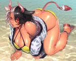  1girl all_fours animal_ears animal_print ass bare_legs bare_shoulders bikini black_hair blush breasts commentary_request covered_nipples cow_ears cow_horns cow_print cow_tail criss-cross_halter gengoroumaru_(ambidextrous) hair_between_eyes halterneck hanging_breasts haori horns huge_breasts japanese_clothes looking_at_viewer off_shoulder outdoors parted_lips plump red_eyes red_footwear sandals shiny shiny_skin short_hair silver_hair solo swimsuit tail tan thick_thighs thighs touhou ushizaki_urumi water yellow_bikini 