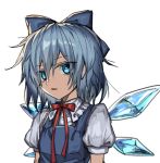  1girl blue_bow blue_eyes blue_hair bow cirno eyebrows_visible_through_hair eyes_visible_through_hair frilled_shirt_collar frills hair_bow ice ice_wings looking_at_viewer manarou medium_hair neck_ribbon parted_lips puffy_short_sleeves puffy_sleeves red_neckwear red_ribbon ribbon short_sleeves sideways_glance simple_background sketch solo touhou tsurime upper_body white_background wing_collar wings 