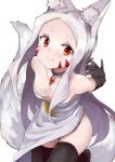  1girl animal_ear_fluff animal_ears arms_behind_back bare_shoulders black_choker black_gloves black_legwear blush brooch choker commentary dress elbow_gloves facial_mark fang fang_out fox_ears fox_girl fox_tail gloves jewelry long_hair noa_(nagareboshi) red_eyes sewayaki_kitsune_no_senko-san shiro_(sewayaki_kitsune_no_senko-san) simple_background sleeveless sleeveless_dress smile solo tail thick_eyebrows thighhighs thighs white_background white_hair 