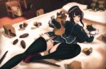  3d 4girls absurdres atago_(kantai_collection) bag bangs bed black_gloves black_hair black_legwear black_panties blush breasts chair chibi choukai_(kantai_collection) custom_maid_3d_2 eating fairy_(kantai_collection) ffkw flying_sweatdrops food garter_straps gloves highres kantai_collection large_breasts lying maya_(kantai_collection) military military_uniform multiple_girls open_mouth panties paper_bag red_eyes short_hair stuffed_animal stuffed_toy sweet_potato takao_(kantai_collection) teddy_bear thighhighs underwear uniform 