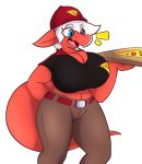  belt big_breasts blue_eyes breasts clothing food hair hat headgear headwear hi_res huge_breasts jeans kobold lightningfire12 pants pizza red_knight_(sirphilliam) red_skin scalie shirt thick_thighs topwear white_hair wide_hips 