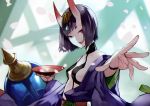  1girl 55level alcohol bangs bare_shoulders blurry blurry_background bob_cut breasts choker collarbone commentary cup eyeliner fang fate/grand_order fate_(series) gem glint hands_up head_tilt headpiece holding holding_cup horns japanese_clothes kimono long_sleeves looking_at_viewer makeup off_shoulder oni oni_horns open_clothes open_kimono outstretched_arm outstretched_hand petals purple_eyes purple_hair purple_kimono revealing_clothes sakazuki sake sash short_eyebrows short_hair shuten_douji_(fate/grand_order) small_breasts smile solo upper_body 