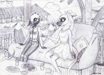  anthro azural_cobaltros bottomwear clothed clothing cookie dialogue dragon drinks female food fries geode_(quill) hoodie hyaenid ishai male mammal pillow skirt sofa 