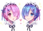  2girls :o artist_name blue_eyes blue_hair blue_ribbon blush closed_mouth face hair_ornament hair_over_one_eye hair_ribbon heart looking_at_another maid maid_headdress multiple_girls open_mouth pink_hair pink_lips purple_eyes purple_ribbon ram_(re:zero) re:zero_kara_hajimeru_isekai_seikatsu rem_(re:zero) ribbon sasucchi95 short_hair siblings simple_background sisters smile sparkle teeth twins upper_teeth white_background x_hair_ornament 