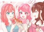  ! !! 3girls :d ^_^ bang_dream! bangs bare_shoulders blue_shirt brown_hair cellphone closed_eyes cup diagonal-striped_background diagonal_stripes eating floral_print food food_on_face food_request green_eyes half_updo hana_kon_(17aaammm) highres holding holding_cup holding_phone imai_lisa long_hair low_twintails maruyama_aya multiple_girls musical_note nail_polish off-shoulder_shirt off_shoulder open_mouth phone pink_eyes pink_hair pink_nails pink_shirt print_shirt red_nails shirt smartphone smile spoken_exclamation_mark spoken_musical_note striped striped_background striped_shirt twintails uehara_himari upper_body vertical-striped_shirt vertical_stripes yellow_shirt 