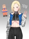  1boy 1girl android_18 aqua_nails black_pants blonde_hair blue_eyes blush breasts closed_mouth collarbone cowboy_shot crop_top cropped_jacket dragon_ball dragon_ball_z earrings gradient gradient_background grey_background hand_up high-waist_pants jacket jewelry kuririn large_breasts lego_minifig long_sleeves looking_at_viewer midriff nail_polish navel open_clothes open_jacket pants pop_kyun short_hair sleeveless standing striped thigh_gap underboob v white_background zipper zipper_pull_tab 