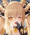  1girl black_gloves blonde_hair brown_eyes close-up collarbone eyebrows_visible_through_hair gloves highres long_hair looking_at_viewer okazu_(eightstudio) one_eye_closed open_mouth original pointy_ears solo teeth twintails yawning 