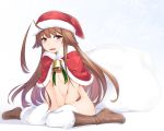  1girl ahoge bangs bell blush boots breasts brown_hair christmas commentary_request crop_top eyebrows_visible_through_hair fur_trim hair_between_eyes hat huge_ahoge kantai_collection kuma_(kantai_collection) long_hair looking_at_viewer mr.lostman navel nude open_mouth sack santa_costume santa_hat simple_background sitting small_breasts smile solo thighhighs wariza white_background 
